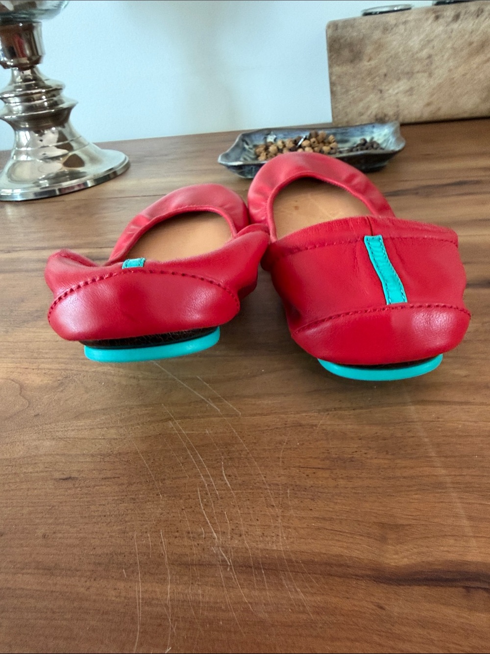 Tieks Red Leather Ballet Flats with Teal Heel Tab - Picture 4 of 5